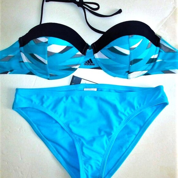 XL-L Adidas Swim Bandeau Top Bikini Set Hipster Bottom Blue Logo Overlay Stripe - Picture 1 of 11